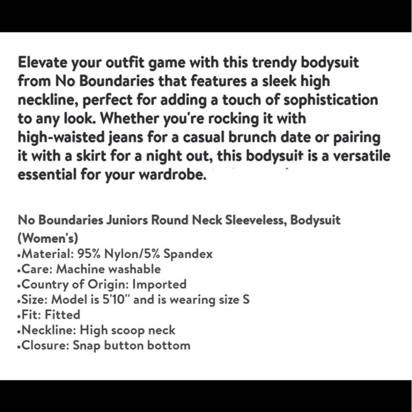 No Boundaries Juniors Round Neck Sleeveless, Bodysuit Size Medium (7-9) - Picture 7 of 7